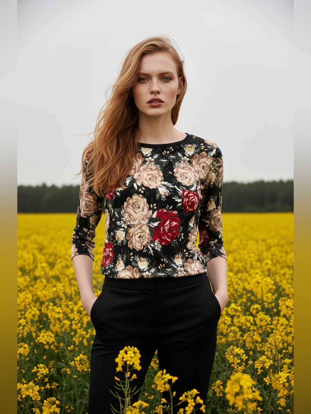NWT Jones New York Signature Floral 3/4 Sleeve Top M Black Burgundy & Beige